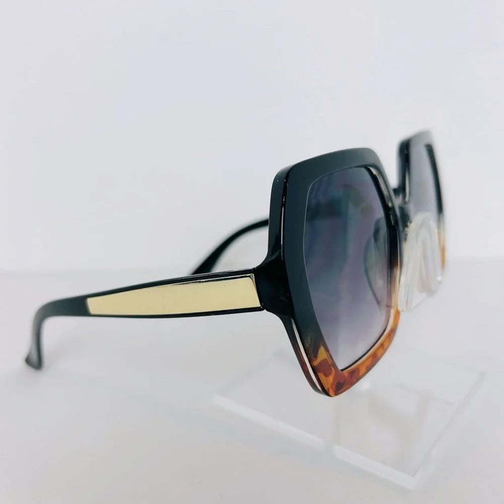 Sunglasses Women's Black Leopard With Gold Hexagon Shaped Oversized Shades NEW